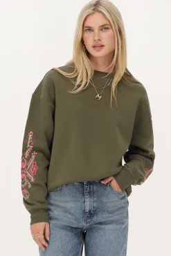 Sweat Vert Foncé Avec Broderie Rose