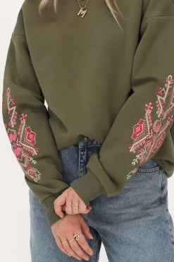 Sweat Vert Foncé Avec Broderie Rose