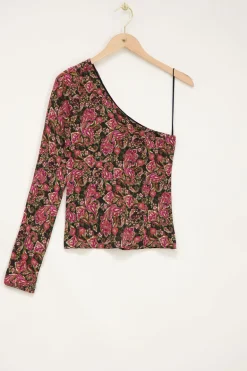 Top à épaule Dénudée Noir à Imprimé Cachemire Coloré