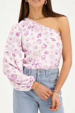 Top Asymétrique à Manche Longue Blanc Avec Imprimé Marin Violet