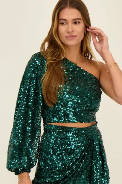 Top Asymétrique à Manche Longue Vert Avec Sequins