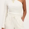 Top Asymétrique à Manche Longue Beige En Lin
