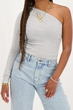 Top Asymétrique à Manche Longue Argenté En Lurex