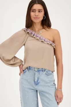 Top Asymétrique à Manche Longue Beige Avec Broderie Multicolore