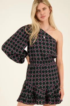 Top Asymétrique à Manche Longue Noir Avec Imprimé Rose