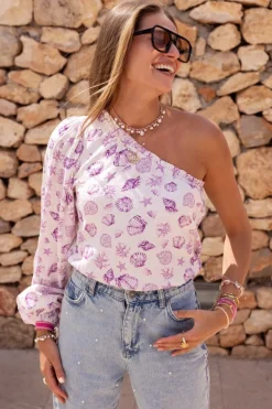 Top Asymétrique à Manche Longue Blanc Avec Imprimé Marin Violet