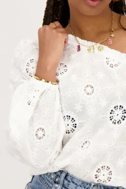 Top Asymétrique à Manche Longue Blanc Avec Broderie