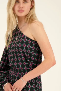 Top Asymétrique à Manche Longue Noir Avec Imprimé Rose