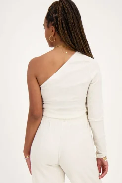 Top Asymétrique à Manche Longue Beige En Lin