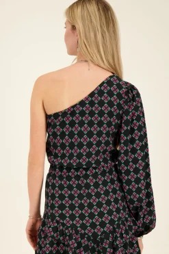 Top Asymétrique à Manche Longue Noir Avec Imprimé Rose