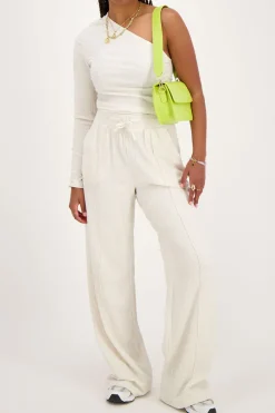 Top Asymétrique à Manche Longue Beige En Lin