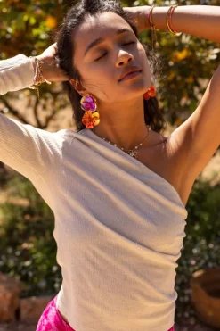 Top Asymétrique à Manche Longue Beige En Lin