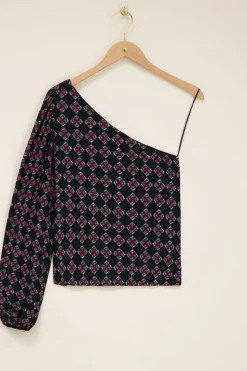 Top Asymétrique à Manche Longue Noir Avec Imprimé Rose