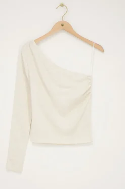 Top Asymétrique à Manche Longue Beige En Lin