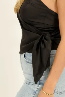 Top Asymétrique Corset Noir Satiné