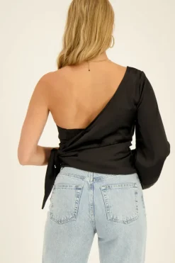 Top Asymétrique Corset Noir Satiné