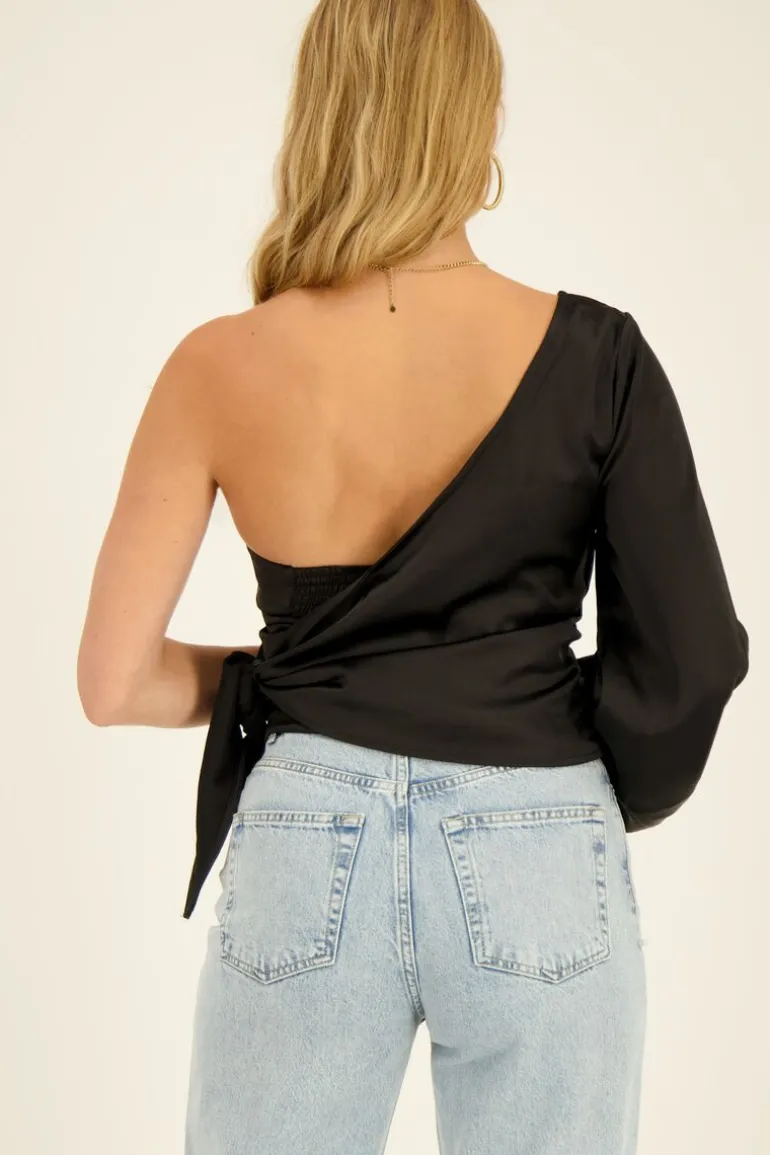 Top Asymétrique Corset Noir Satiné