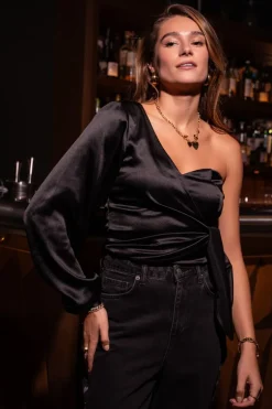 Top Asymétrique Corset Noir Satiné