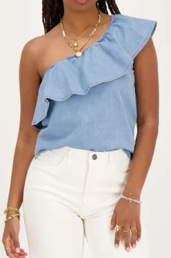 Top Asymétrique En Denim Avec Volants