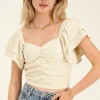 Top Beige Plissé à Manches Bouffantes