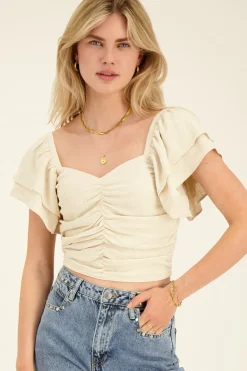 Top Beige Plissé à Manches Bouffantes
