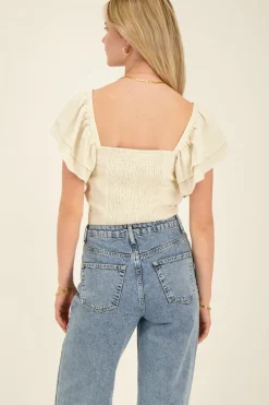 Top Beige Plissé à Manches Bouffantes