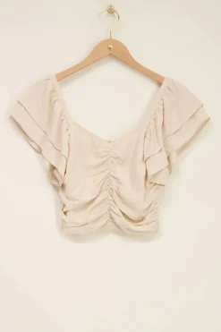 Top Beige Plissé à Manches Bouffantes