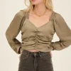 Top Beige Satiné Plissé à Manches Longues