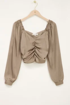 Top Beige Satiné Plissé à Manches Longues