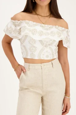 Top Cropped Beige Avec Broderie Contrastée