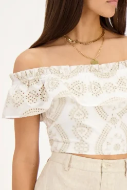 Top Cropped Beige Avec Broderie Contrastée