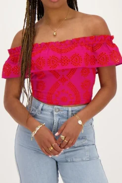 Top Cropped Rose Avec Broderie Contrastée