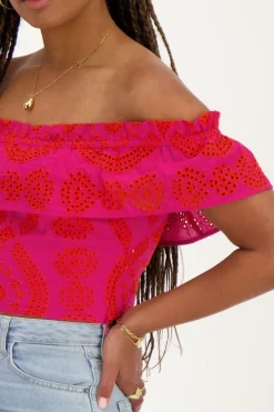 Top Cropped Rose Avec Broderie Contrastée