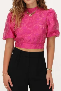 Top En Jacquard Rose Avec Dos Ouvert Et Manches Bouffantes