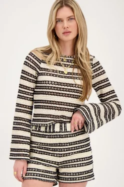 Top Noir Et Beige à Manches évasées En Crochet