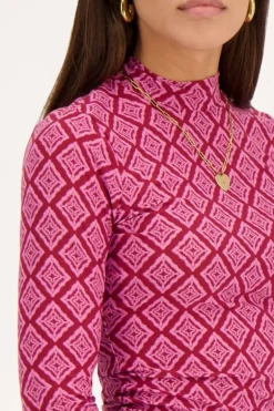 Top Rose à Col Roulé Et Imprimé Ikat