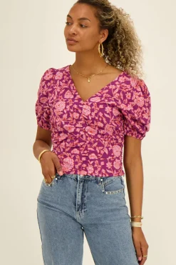Top Rose Plissé à Imprimé Floral