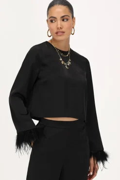 Top Satiné Noir Avec Plumes