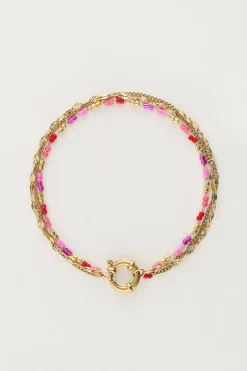 Triple Bracelet Avec Perles Rouges Et Roses