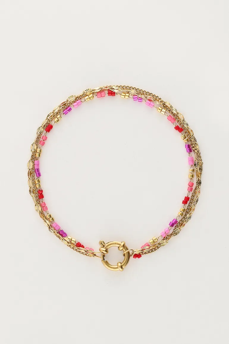 Triple Bracelet Avec Perles Rouges Et Roses