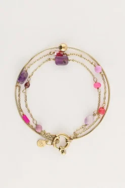 Triple Bracelet Avec Perles Roses Et Violettes