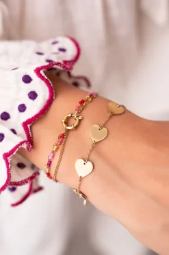 Triple Bracelet Avec Perles Rouges Et Roses