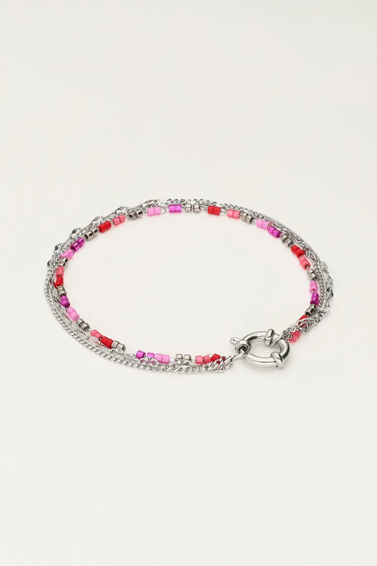 Triple Bracelet Avec Perles Rouges Et Roses