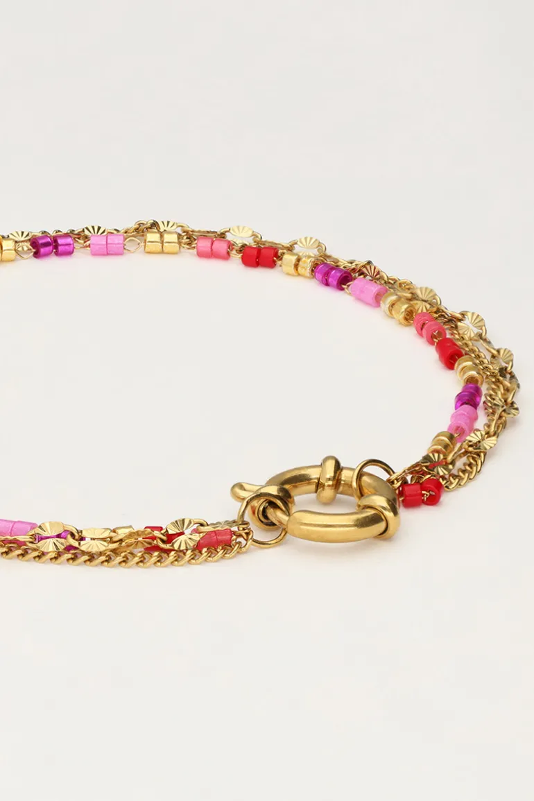 Triple Bracelet Avec Perles Rouges Et Roses
