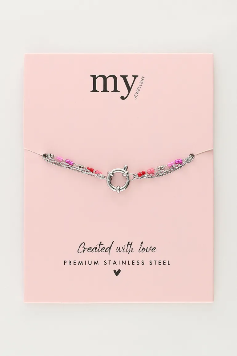 Triple Bracelet Avec Perles Rouges Et Roses