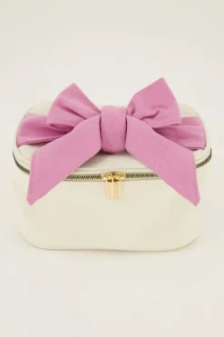 Trousse De Toilette Beige Avec Nœud Rose