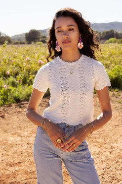 T-shirt Beige En Maille Ajourée Avec Lurex