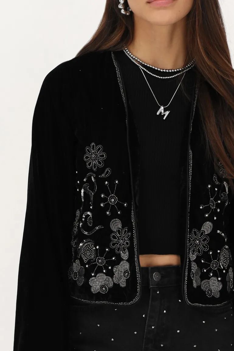 Veste En Velours Noir Avec Broderie Argentée