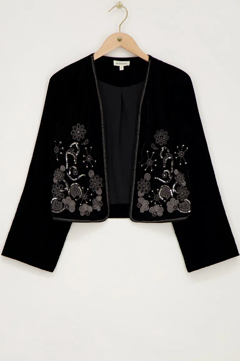 Veste En Velours Noir Avec Broderie Argentée