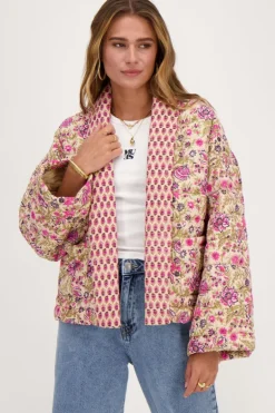 Veste Kimono Beige à Imprimé Fleuri Vert Et Rose